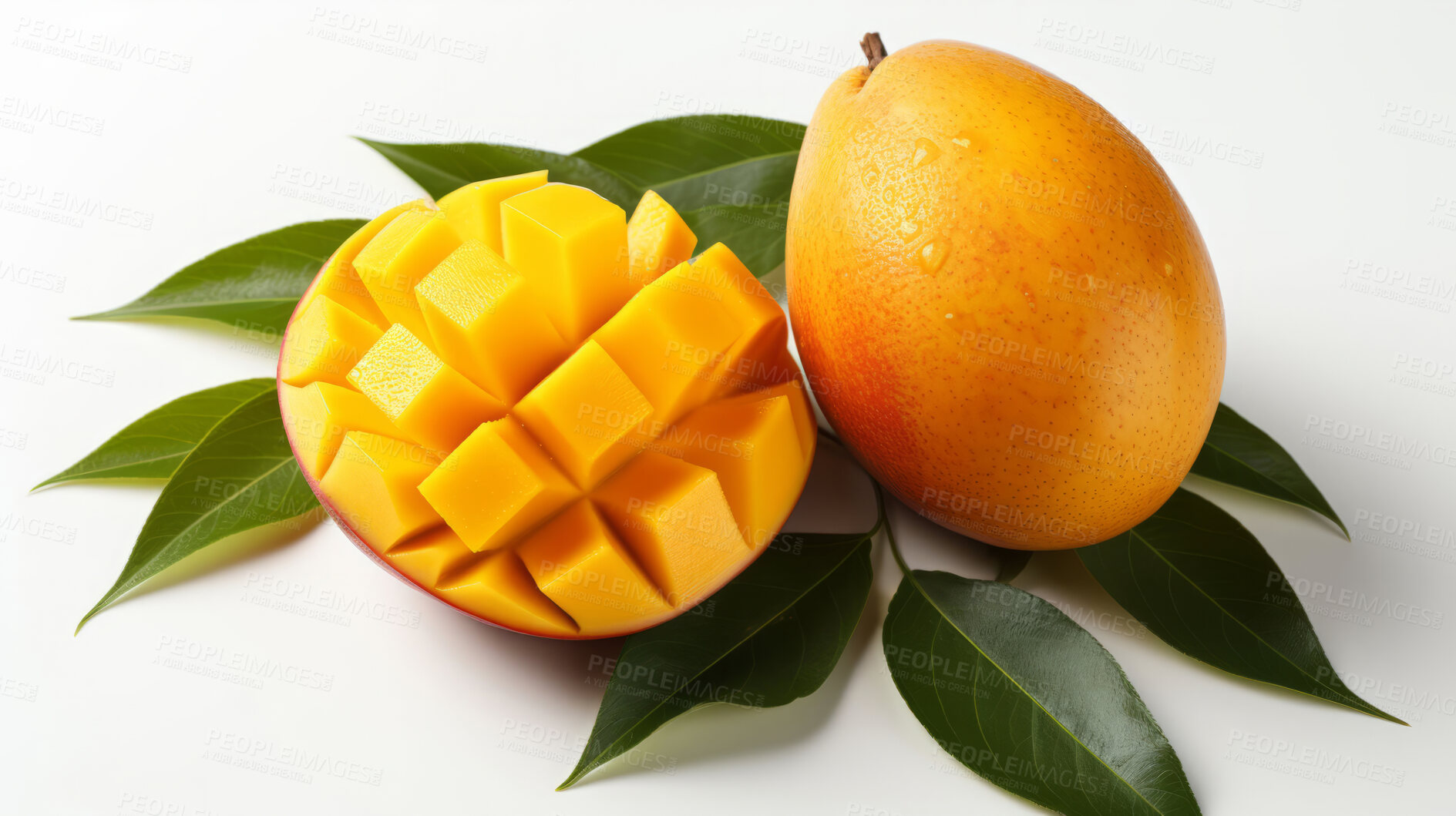 Buy stock photo Fruit, mango and healthy food in studio for vegan diet, snack and vitamins. Mockup, white background and flatlay of organic, fresh and natural agriculture  produce for vegetarian nutrition.