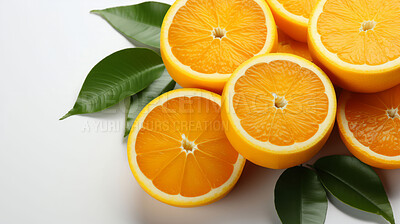 Fruit, orange and healthy food in studio for vegan diet, snack and vitamins. Mockup, white background and flatlay of organic, fresh and natural agriculture produce for vegetarian nutrition.