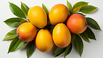 Fruit, mango and healthy food in studio for vegan diet, snack and vitamins. Mockup, white background and flatlay of organic, fresh and natural agriculture  produce for vegetarian nutrition.