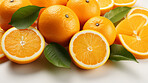 Fruit, orange and healthy food in studio for vegan diet, snack and vitamins. Mockup, white background and flatlay of organic, fresh and natural agriculture  produce for vegetarian nutrition.