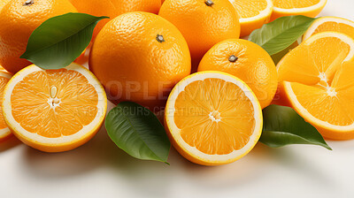 Buy stock photo Fruit, orange and healthy food in studio for vegan diet, snack and vitamins. Mockup, white background and flatlay of organic, fresh and natural agriculture  produce for vegetarian nutrition.