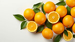 Fruit, orange and healthy food in studio for vegan diet, snack and vitamins. Mockup, white background and flatlay of organic, fresh and natural agriculture  produce for vegetarian nutrition.