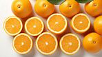 Fruit, orange and healthy food in studio for vegan diet, snack and vitamins. Mockup, white background and flatlay of organic, fresh and natural agriculture  produce for vegetarian nutrition.