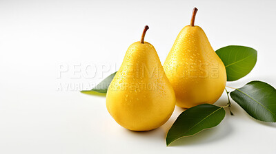 Buy stock photo Fruit, pear and healthy food in studio for vegan diet, snack and vitamins. Mockup, white background and flatlay of organic, fresh and natural agriculture  produce for vegetarian nutrition.