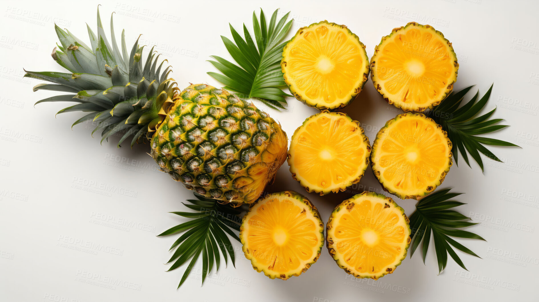 Buy stock photo Fruit, pineapple and healthy food in studio for vegan diet, snack and vitamins. Mockup, white background and flatlay of organic, fresh and natural agriculture  produce for vegetarian nutrition.