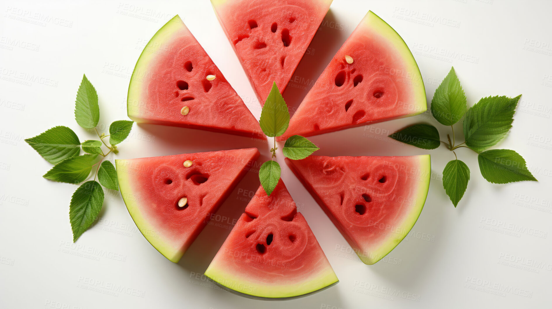 Buy stock photo Fruit, watermelon and healthy food in studio for vegan diet, snack and vitamins. Mockup, white background and flatlay of organic, fresh and natural agriculture  produce for vegetarian nutrition.