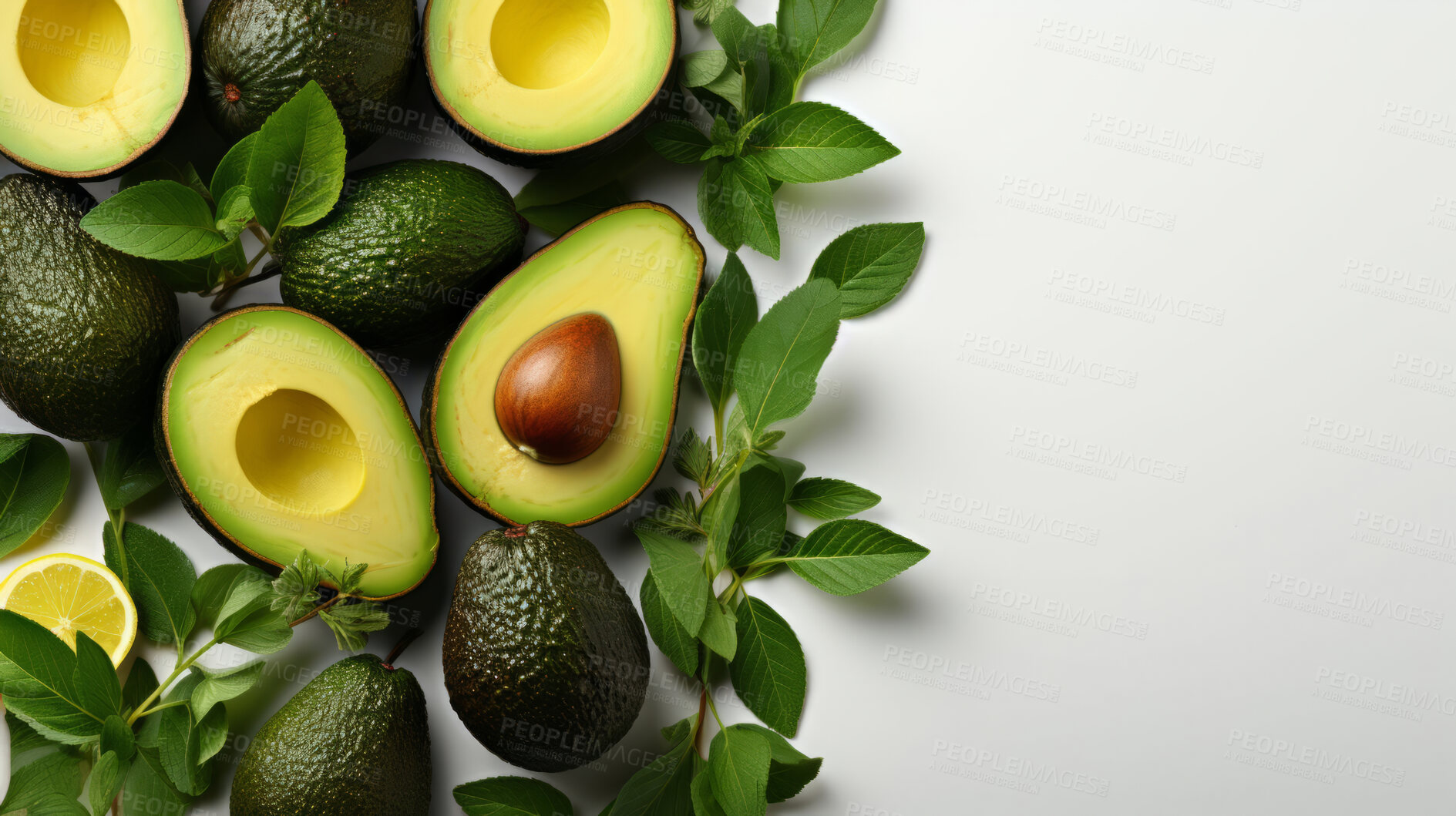 Buy stock photo Fruit, avocado and healthy food in studio for vegan diet, snack and vitamins. Mockup, white background and flatlay of organic, fresh and natural agriculture  produce for vegetarian nutrition.