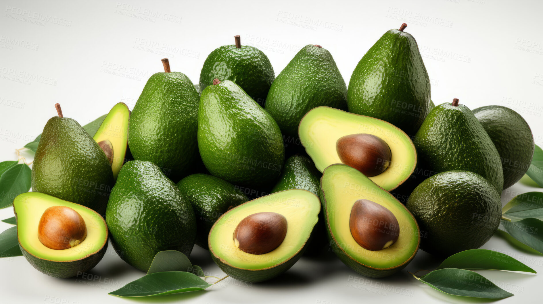 Buy stock photo Fruit, avocado and healthy food in studio for vegan diet, snack and vitamins. Mockup, white background and flatlay of organic, fresh and natural agriculture  produce for vegetarian nutrition.