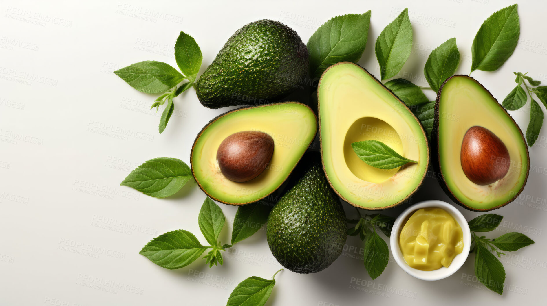 Buy stock photo Fruit, avocado and healthy food in studio for vegan diet, snack and vitamins. Mockup, white background and flatlay of organic, fresh and natural agriculture  produce for vegetarian nutrition.