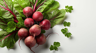 Buy stock photo Vegetables, beet and healthy food in studio for vegan diet, meal and green salad. Mockup, lifestyle and organic with fresh, natural and agriculture for produce, vitamins and vegetarian dinner.