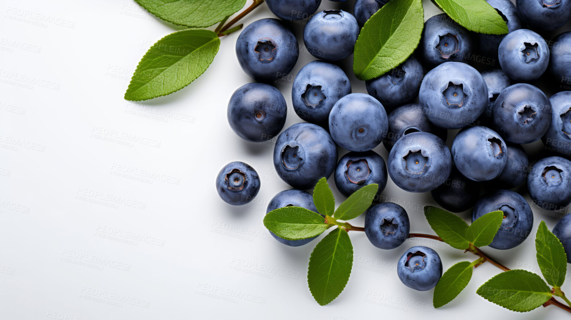 Buy stock photo Fruit, blueberries and healthy food in studio for vegan diet, meal and green salad. Mockup, lifestyle and organic with fresh, natural and agriculture for produce, vitamins and vegetarian dinner.