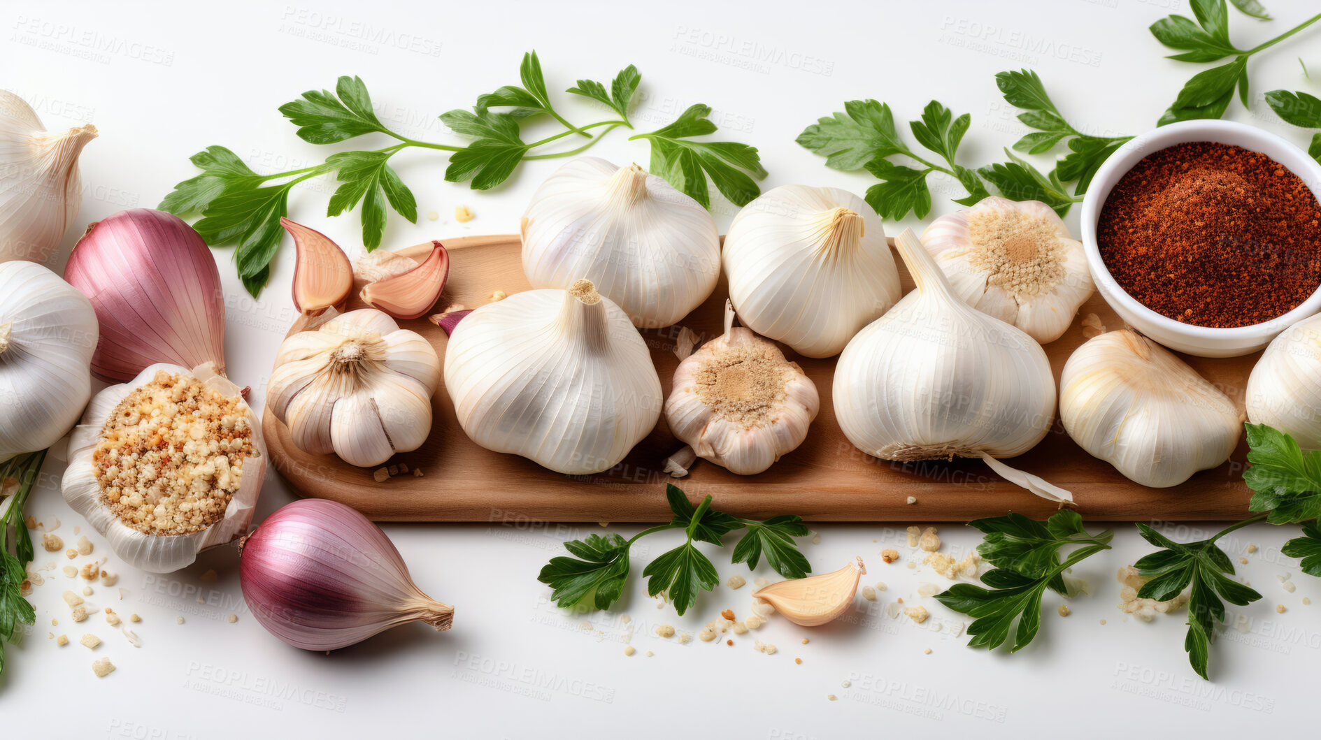 Buy stock photo Vegetable, garlic and healthy food in studio for vegan diet, meal and green salad. Mockup, lifestyle and organic with fresh, natural and agriculture for produce, vitamins and nutrition supply.