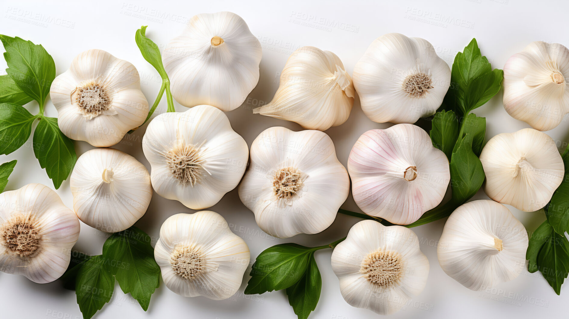 Buy stock photo Vegetable, garlic and healthy food in studio for vegan diet, meal and green salad. Mockup, lifestyle and organic with fresh, natural and agriculture for produce, vitamins and nutrition supply.