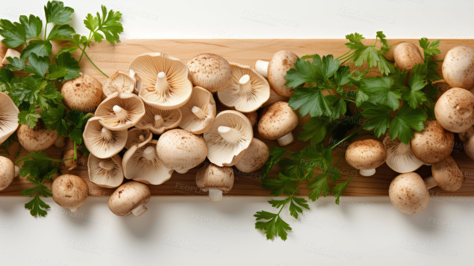 Buy stock photo Vegetable, mushroom and healthy food in studio for vegan diet, meal and green salad. Mockup, lifestyle and organic with fresh, natural and agriculture for produce, nutrition and vitamin supply.