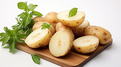 Buy stock photo Vegetables, potato and healthy food in studio for vegan diet, meal and green salad. Mockup, lifestyle and organic with fresh, natural and agriculture for produce, vitamins and vegetarian dinner.