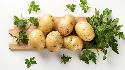 Buy stock photo Vegetables, potato and healthy food in studio for vegan diet, meal and green salad. Mockup, lifestyle and organic with fresh, natural and agriculture for produce, vitamins and vegetarian dinner.