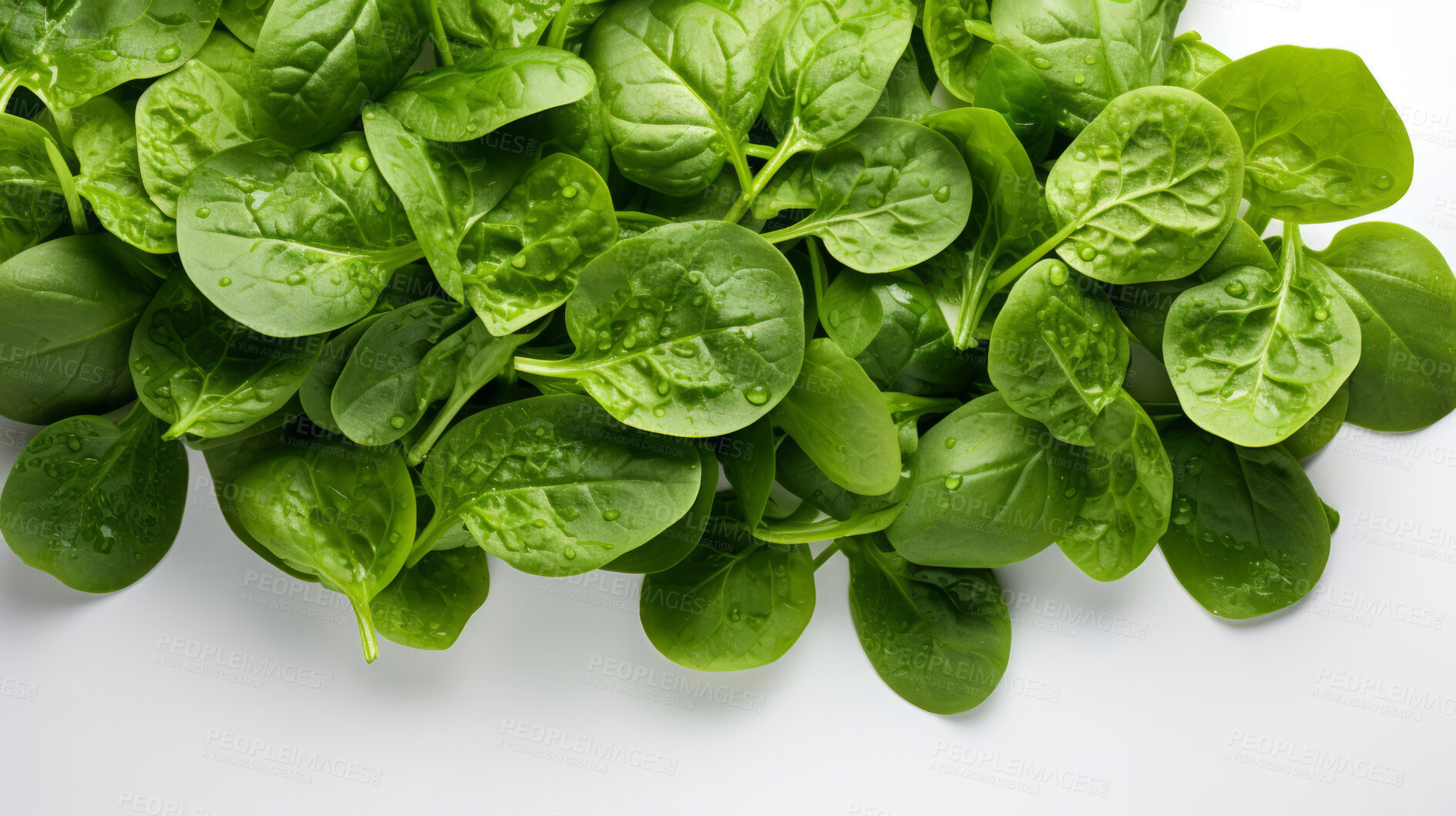 Buy stock photo Vegetables, spinach and healthy food on a white background in the kitchen for vegan meal. Salad, mockup and diet with fresh, organic and natural produce for nutrition, vitamins and vegetarian dinner