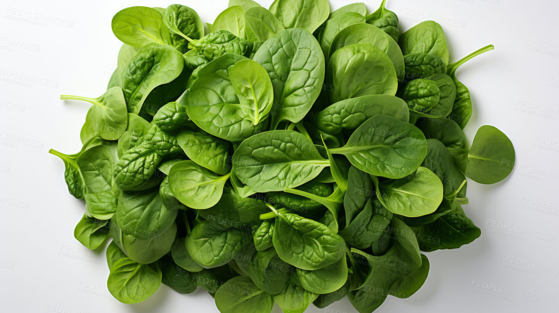 Buy stock photo Vegetables, spinach and healthy food on a white background in the kitchen for vegan meal. Salad, mockup and diet with fresh, organic and natural produce for nutrition, vitamins and vegetarian dinner