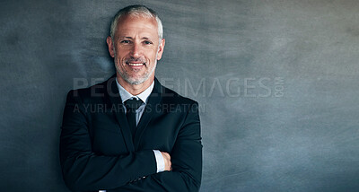 Buy stock photo Happy, portrait and a businessman with a smile and arms crossed in studio. Confident senior entrepreneur or executive person with corporate clothes, positive mindset and career pride on mockup space