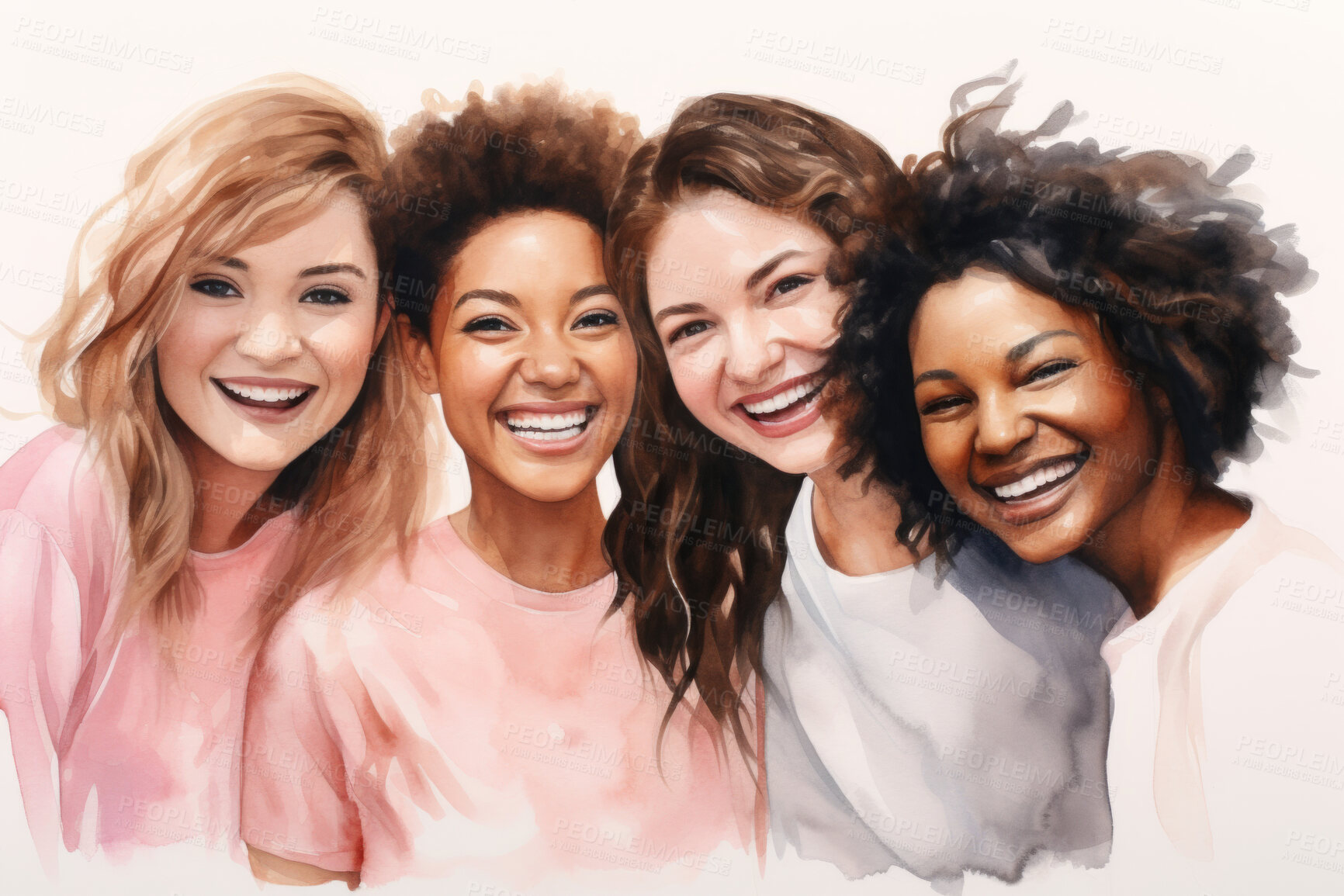 Buy stock photo Group, diverse women and watercolour portrait illustration on a white background for cancer, health awareness and support. Happy, beautiful and colourful sketch for creative poster and card design