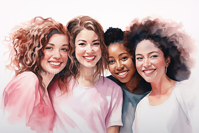 Buy stock photo Group, diverse women and watercolour portrait illustration on a white background for cancer, health awareness and support. Happy, beautiful and colourful sketch for creative poster and card design