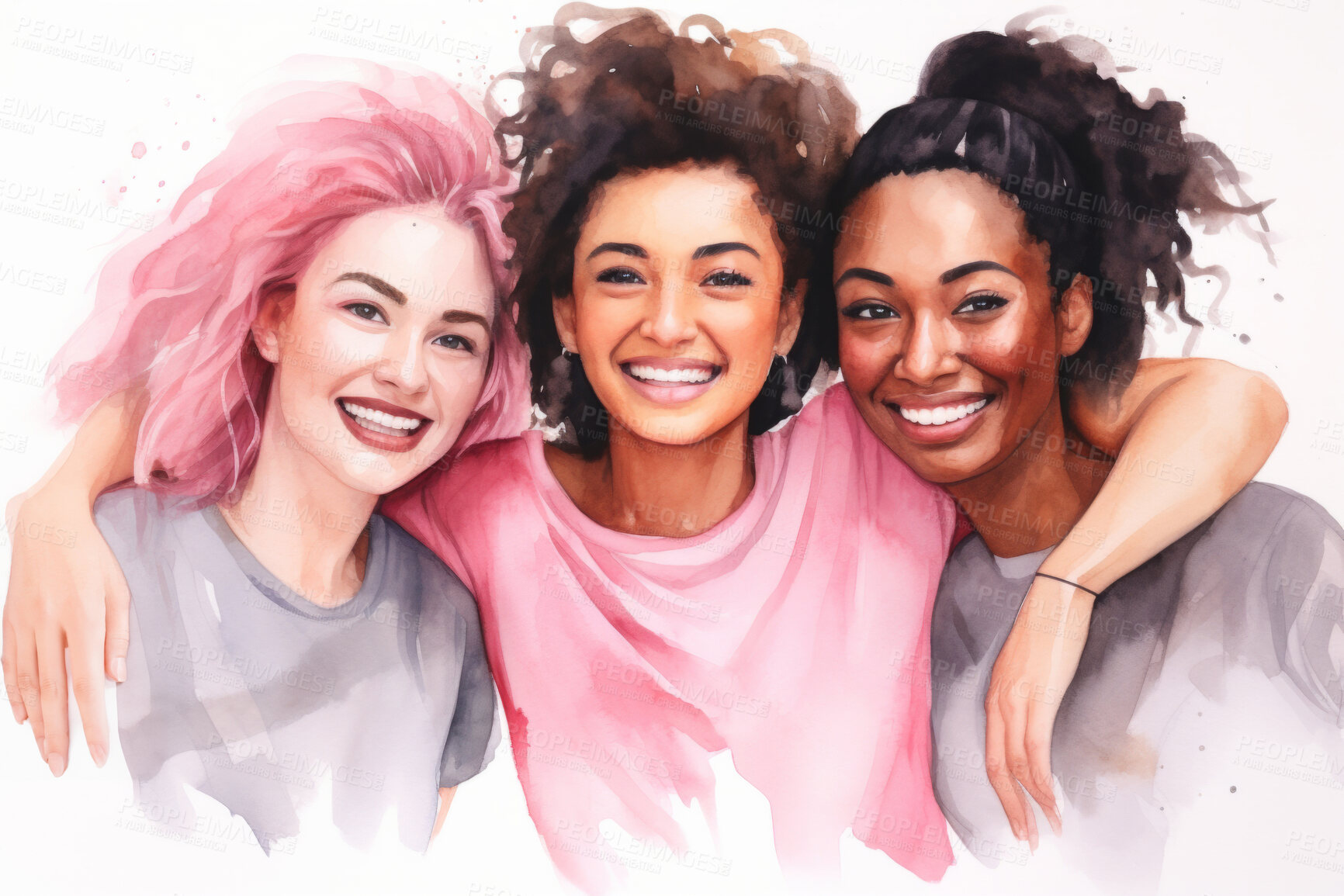 Buy stock photo Group, diverse women and watercolour portrait illustration on a white background for cancer, health awareness and support. Happy, beautiful and colourful sketch for creative poster and card design