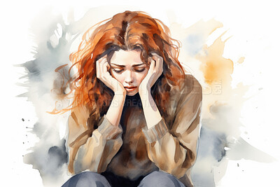 Woman, mental health and watercolour illustration painting on a white background for healthcare, awareness and psychotherapy. Emotion, alone and colourful sketch for creative poster art design