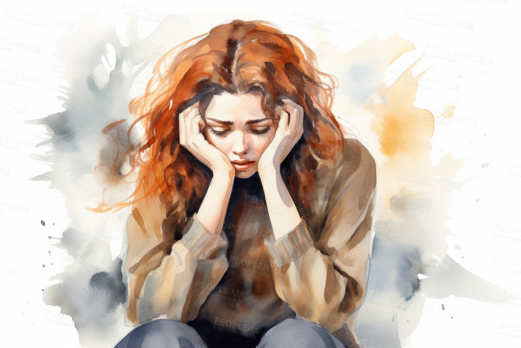 Buy stock photo Woman, mental health and watercolour illustration painting on a white background for healthcare, awareness and psychotherapy. Emotion, alone and colourful sketch for creative poster art design