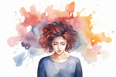 Woman, mental health and watercolour illustration painting on a white background for healthcare, awareness and psychotherapy. Emotion, alone and colourful sketch for creative poster art design