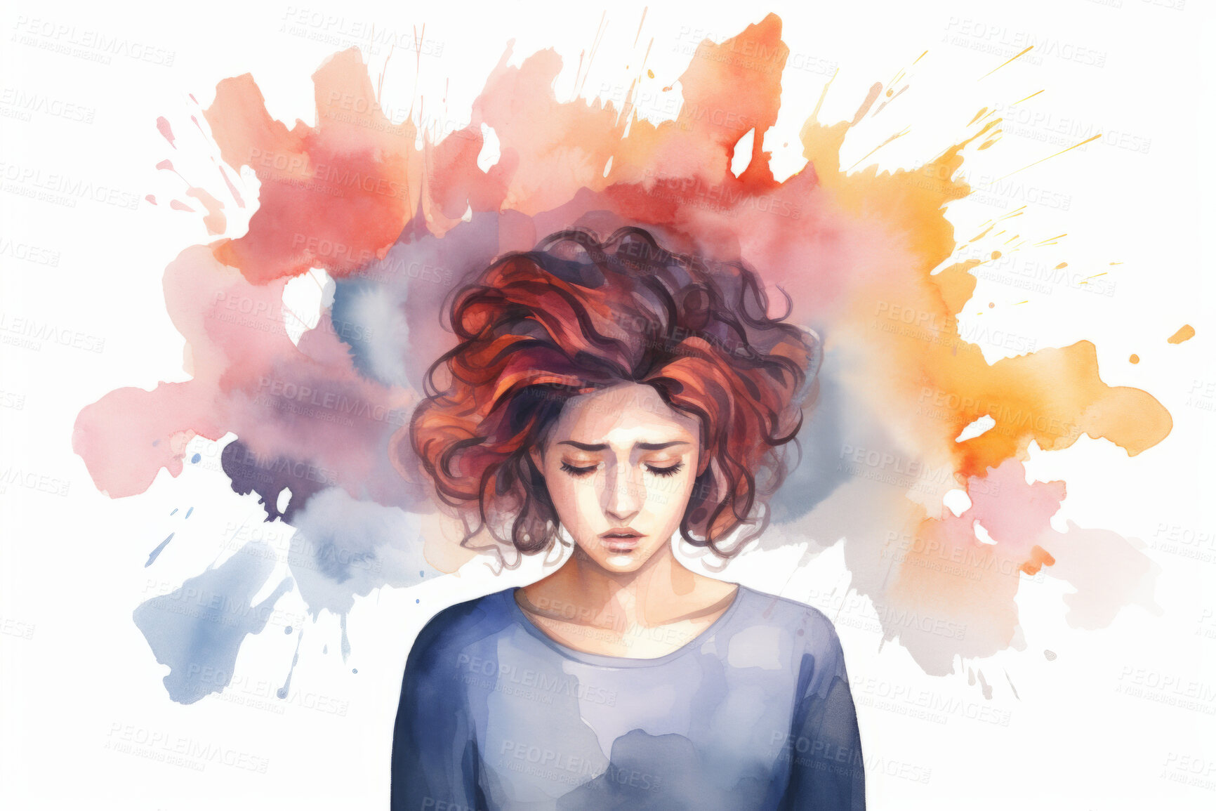 Buy stock photo Woman, mental health and watercolour illustration painting on a white background for healthcare, awareness and psychotherapy. Emotion, alone and colourful sketch for creative poster art design