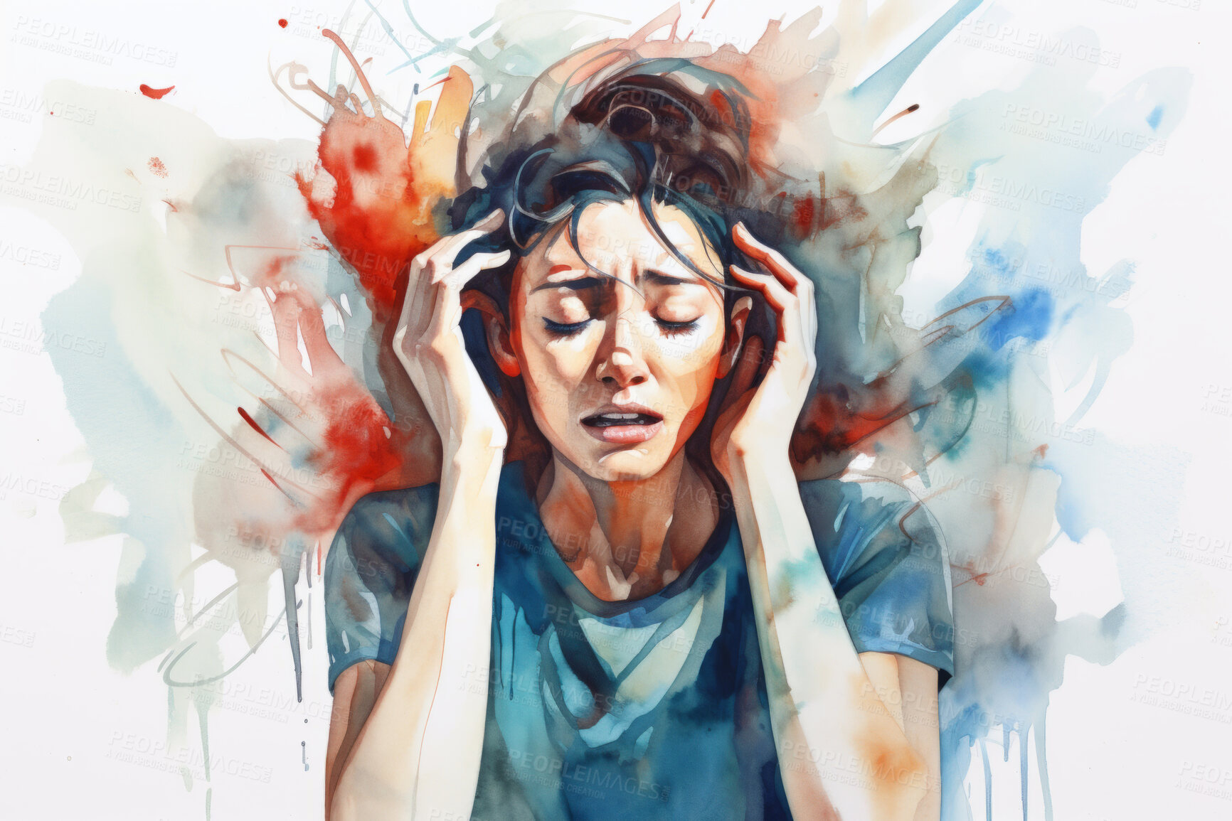 Buy stock photo Woman, mental health and watercolour illustration painting on a white background for healthcare, awareness and psychotherapy. Emotion, alone and colourful sketch for creative poster art design