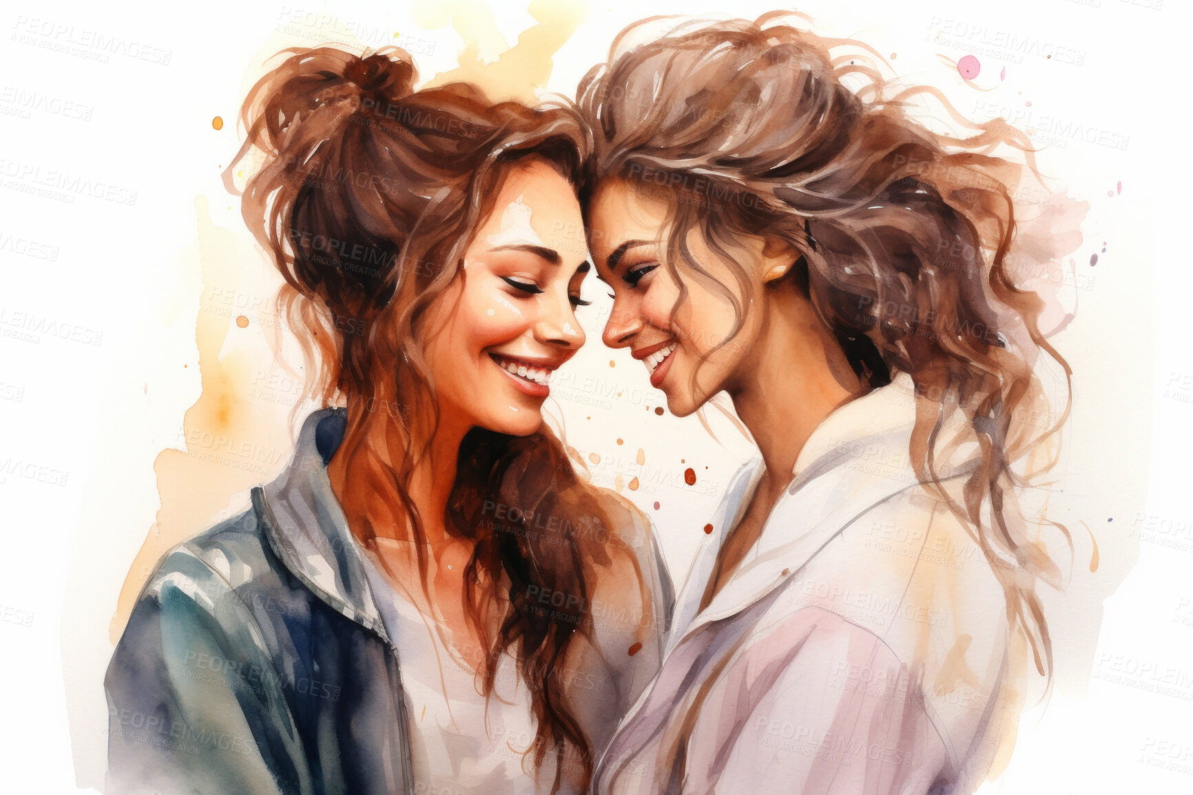 Buy stock photo Young, lesbian couple or watercolour illustration on a white background for LGBTQ love, awareness and support hug. Happy, women or colourful sketch for creative gift, card and design artwork