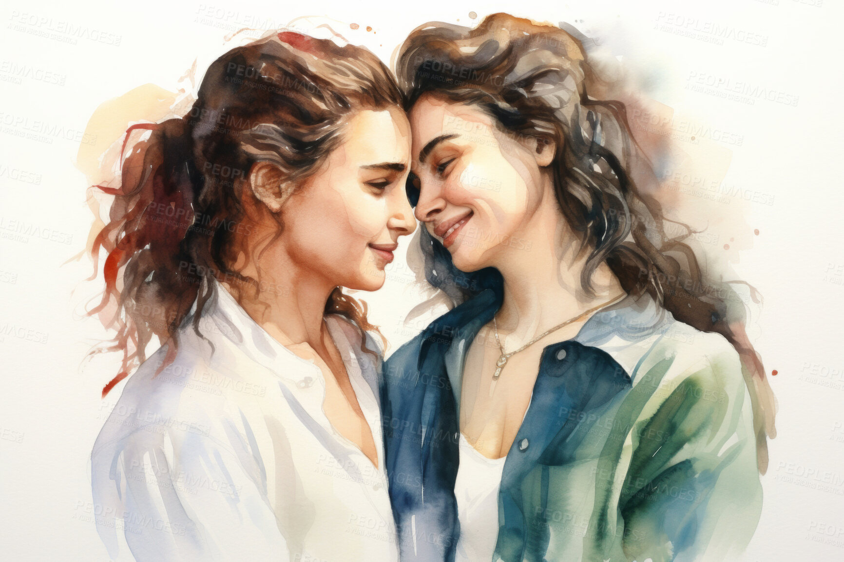 Buy stock photo Young, lesbian couple or watercolour illustration on a white background for LGBTQ love, awareness and support hug. Happy, women or colourful sketch for creative gift, card and design artwork