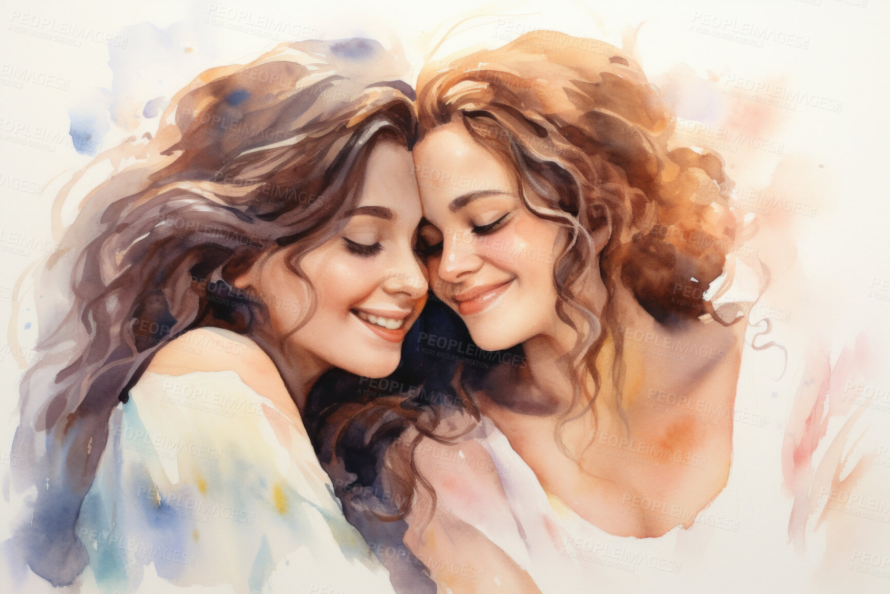 Buy stock photo Young, lesbian couple or watercolour illustration on a white background for LGBTQ love, awareness and support hug. Happy, women or colourful sketch for creative gift, card and design artwork