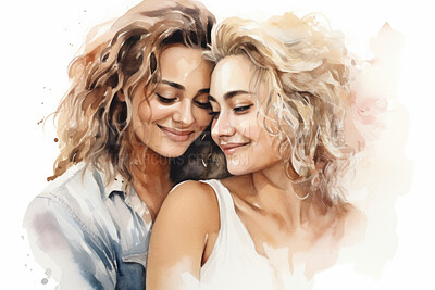 Young, lesbian couple or watercolour illustration on a white background for LGBTQ love, awareness and support hug. Happy, women or colourful sketch for creative gift, card and design artwork