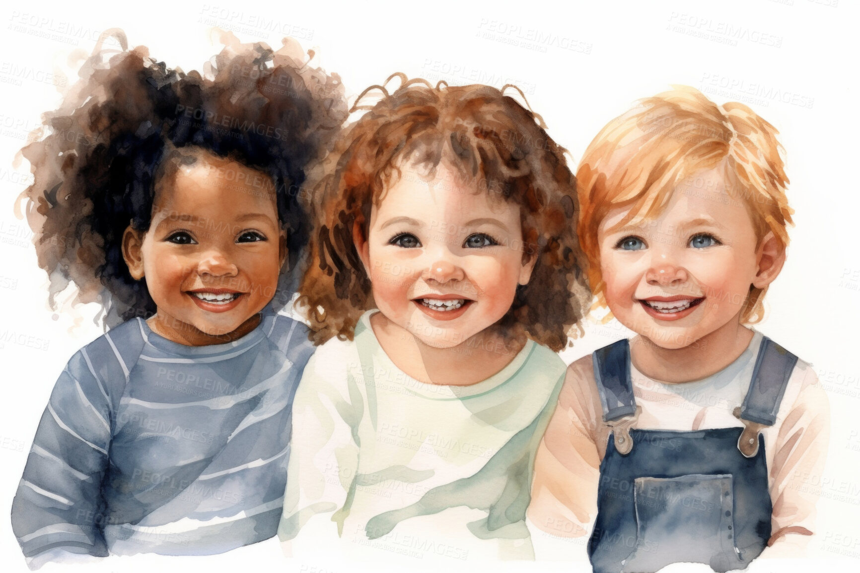 Buy stock photo Group, diverse toddlers and watercolour portrait illustration on a white background for daycare, education and autism awareness. Happy, beautiful and colourful sketch for creative poster art design