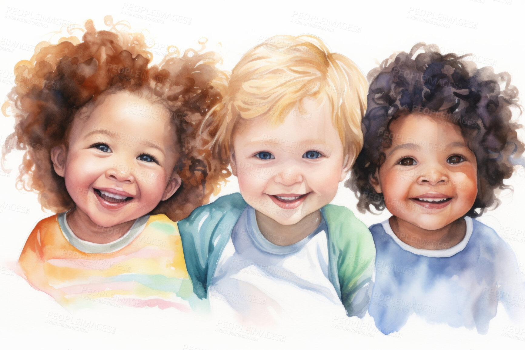 Buy stock photo Group, diverse toddlers and watercolour portrait illustration on a white background for daycare, education and autism awareness. Happy, beautiful and colourful sketch for creative poster art design