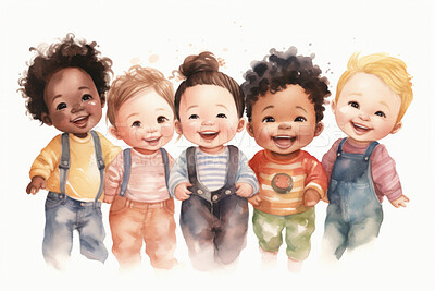 Group, diverse toddlers and watercolour portrait illustration on a white background for daycare, education and autism awareness. Happy, beautiful and colourful sketch for creative poster art design