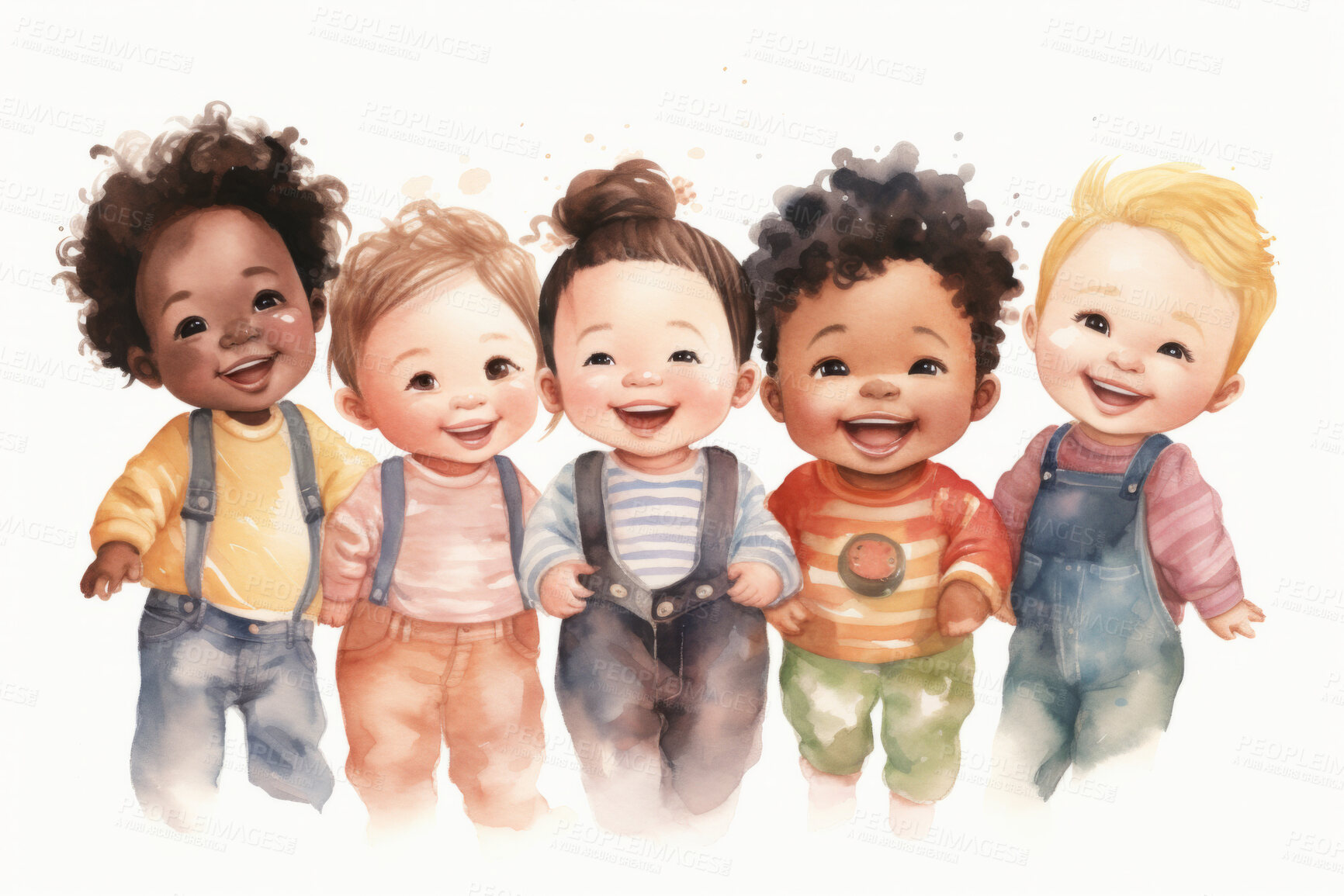 Buy stock photo Group, diverse toddlers and watercolour portrait illustration on a white background for daycare, education and autism awareness. Happy, beautiful and colourful sketch for creative poster art design