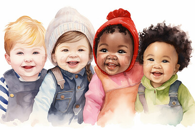 Buy stock photo Group, diverse toddlers and watercolour portrait illustration on a white background for daycare, education and autism awareness. Happy, beautiful and colourful sketch for creative poster art design