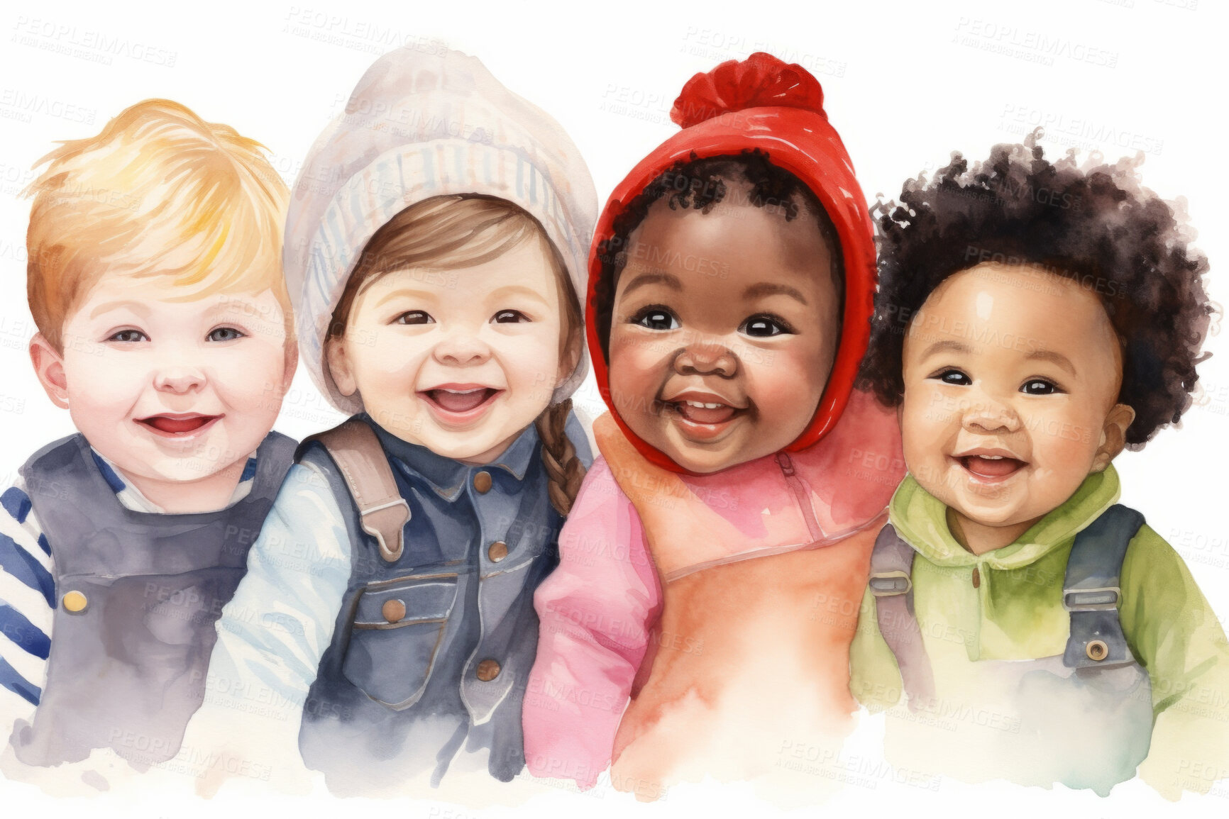 Buy stock photo Group, diverse toddlers and watercolour portrait illustration on a white background for daycare, education and autism awareness. Happy, beautiful and colourful sketch for creative poster art design