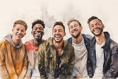 Group, diverse men and watercolour portrait illustration on a white background for human rights protest, awareness and activist. Happy, beautiful and colourful sketch for creative poster art design