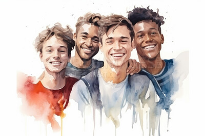 Buy stock photo Group, diverse men and watercolour portrait illustration on a white background for human rights protest, awareness and activist. Happy, beautiful and colourful sketch for creative poster art design