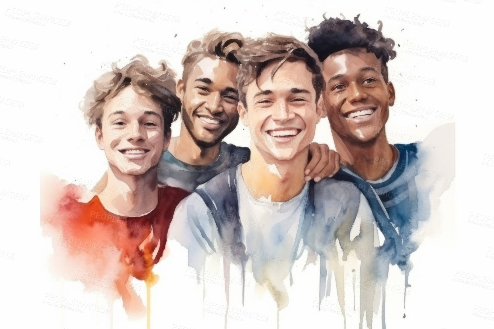 Buy stock photo Group, diverse men and watercolour portrait illustration on a white background for human rights protest, awareness and activist. Happy, beautiful and colourful sketch for creative poster art design