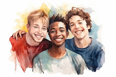 Buy stock photo Group, diverse men and watercolour portrait illustration on a white background for human rights protest, awareness and activist. Happy, beautiful and colourful sketch for creative poster art design