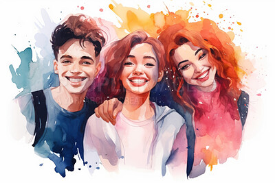 Buy stock photo Group, diverse students and watercolour portrait illustration on a white background for human rights protest, awareness and LGBTQ. Happy, beautiful and colourful sketch for creative poster design