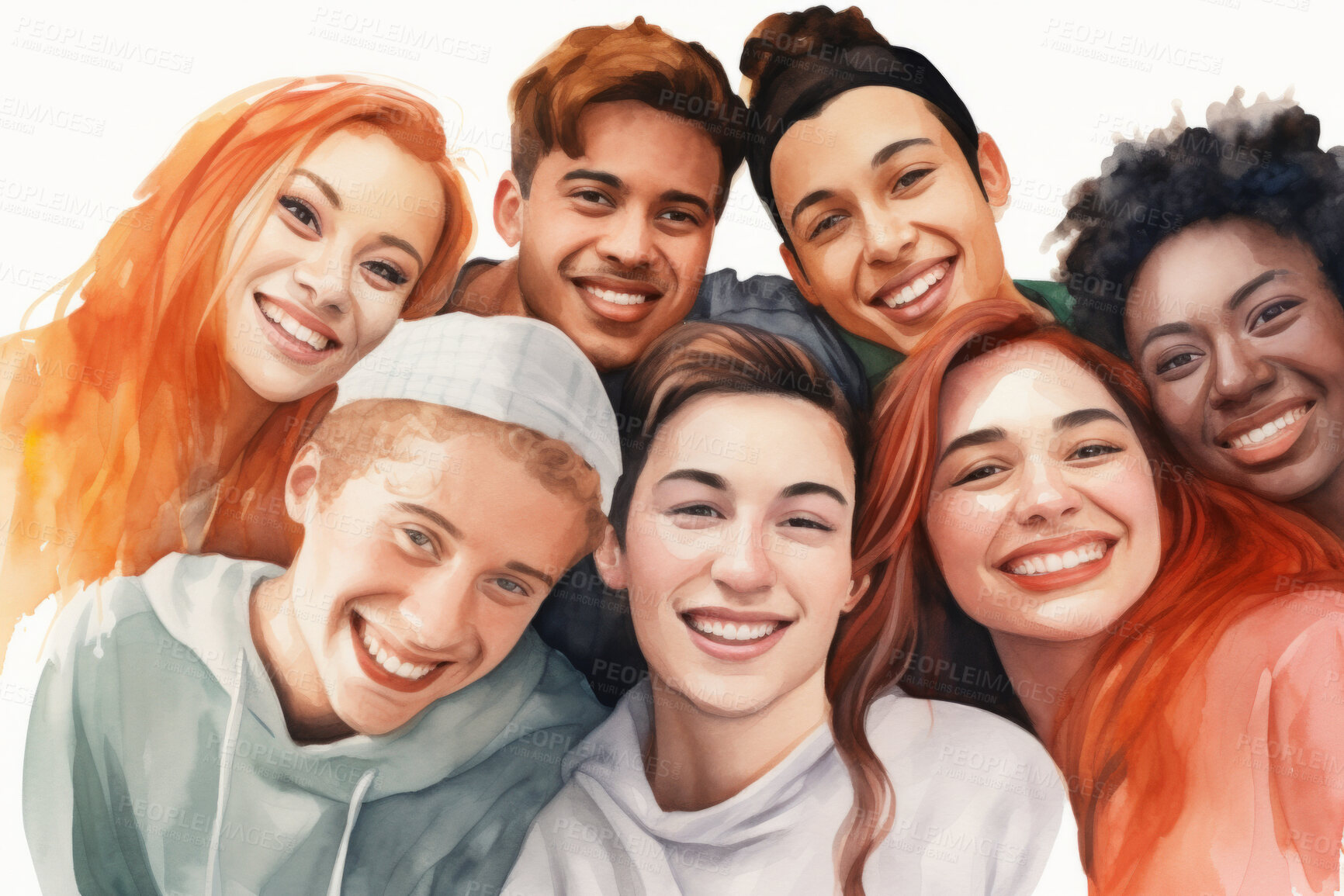 Buy stock photo Group, diverse students and watercolour portrait illustration on a white background for human rights protest, awareness and LGBTQ. Happy, beautiful and colourful sketch for creative poster design