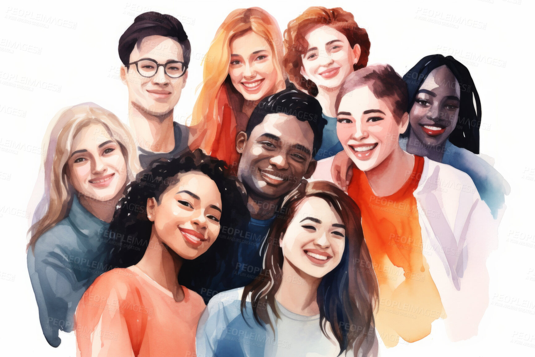 Buy stock photo Group, diverse students and watercolour portrait illustration on a white background for human rights protest, awareness and LGBTQ. Happy, beautiful and colourful sketch for creative poster design