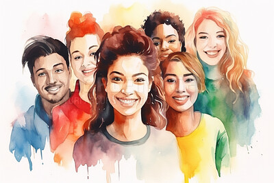 Group, diverse students and watercolour portrait illustration on a white background for human rights protest, awareness and LGBTQ. Happy, beautiful and colourful sketch for creative poster design