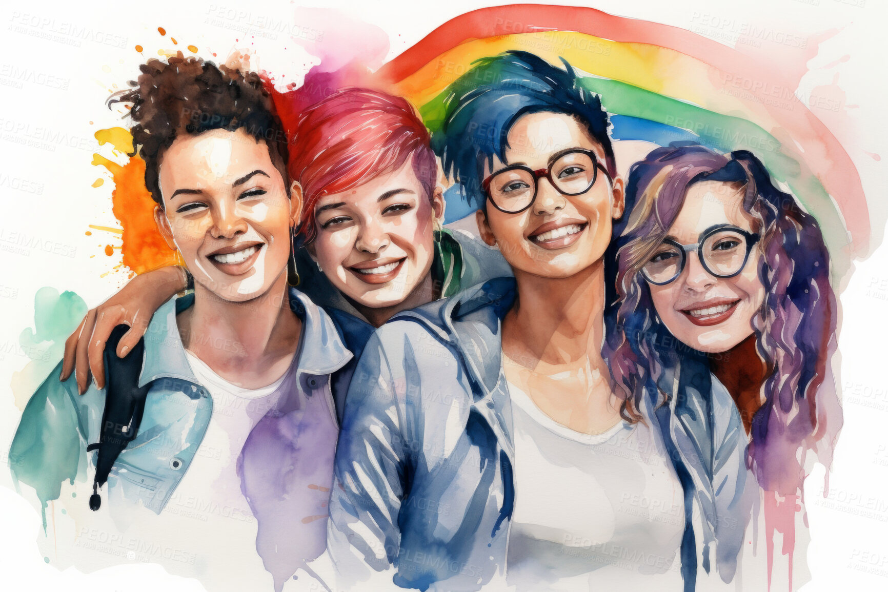 Buy stock photo Group, diverse students and watercolour portrait illustration on a white background for human rights protest, awareness and LGBTQ. Happy, beautiful and colourful sketch for creative poster design